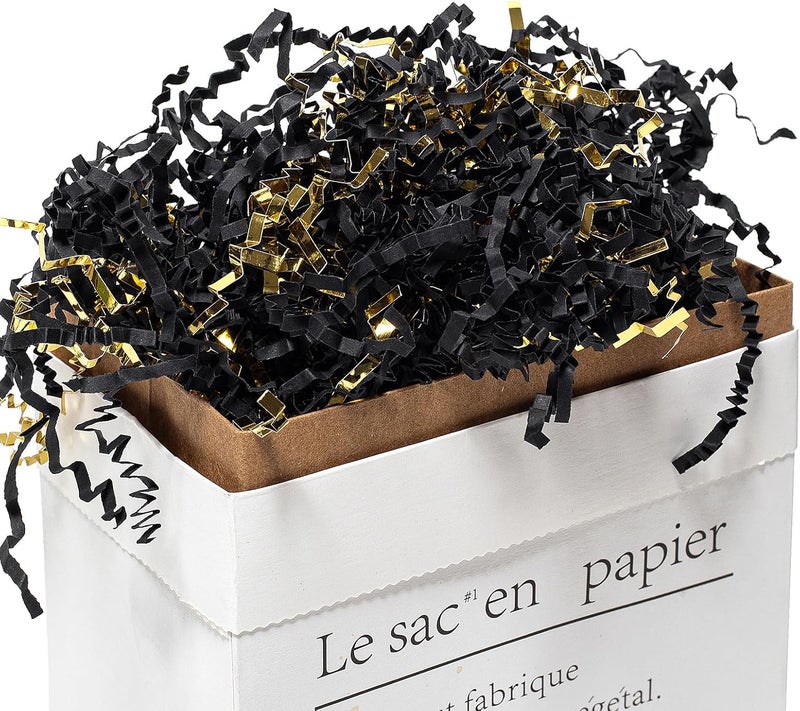 Mefleet 2 LB Crinkle Cut Paper Shred Filler Black & Gold Crinkle Shredded Paper for Gift Box - Gift Basket Bag Filler - Grass Cushion Stuffing for Christmas Holiday Packaging Wrapping - Image 2